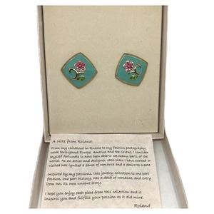 Vintage Roland Earrings Flowers Blue Pink Enamel Pierced Gold Tone Made India